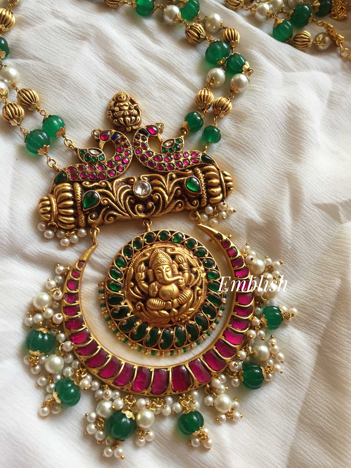 Ganesha pendant  kundan jadau Green beads neckpiece